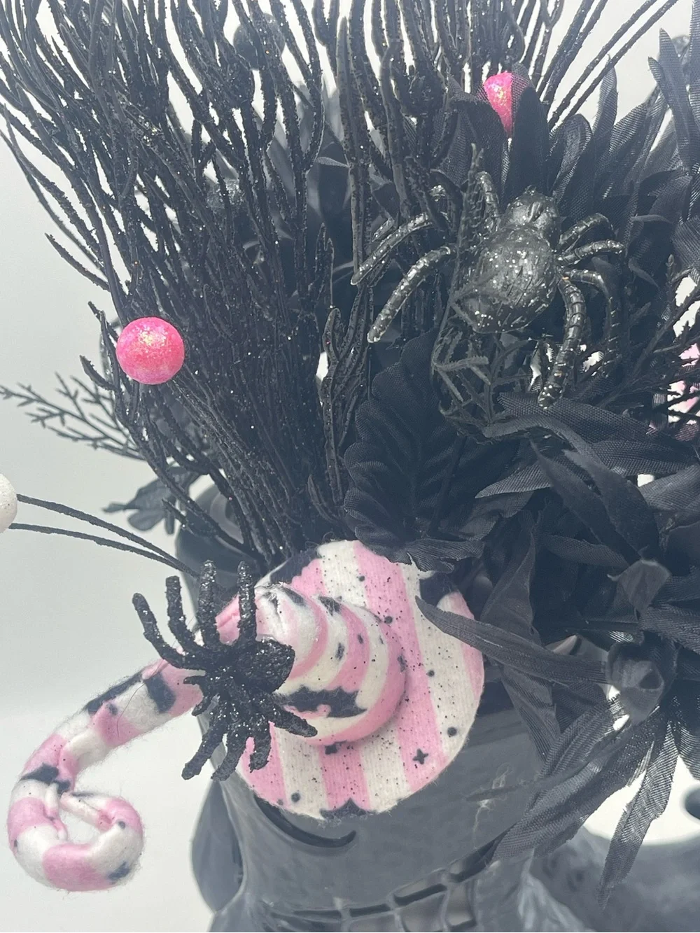 Gothic Halloween Centerpiece Witch Boots Plastic Vase w/Pink Hats & Faux Florals